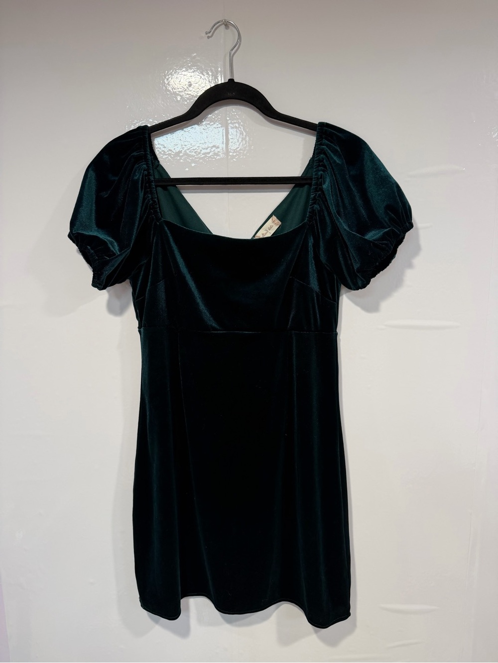 Velvet Puff-Sleeve Mini Dress in Deep Green by Altar’d State